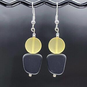 Yellow and Black Sea Glass Drop Earrings | Handmade